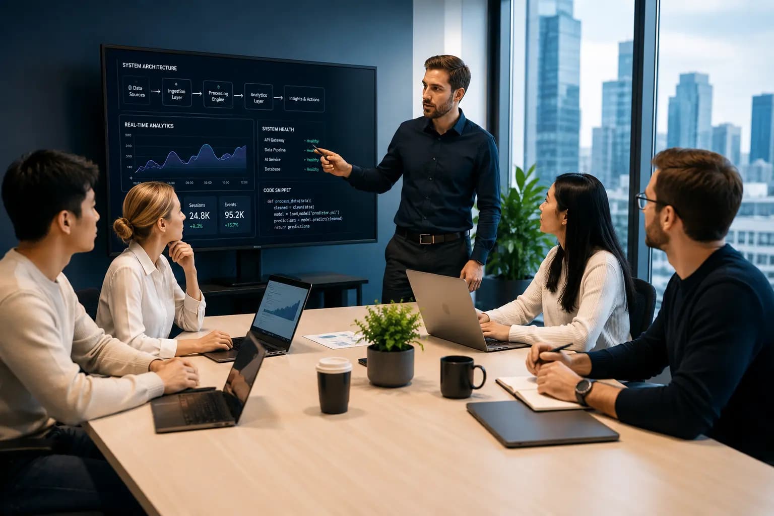 Software engineers collaborating on code and system architecture in a modern office